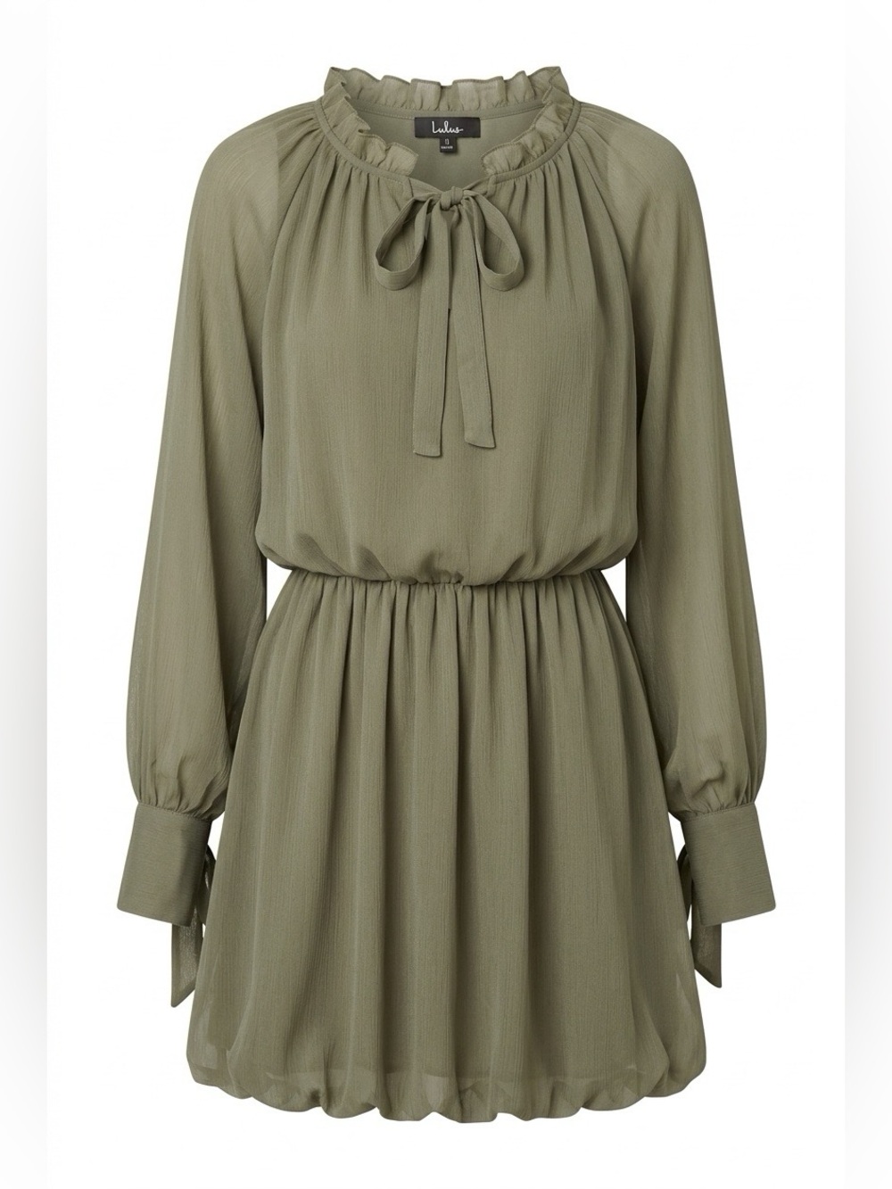 Lulu's Olive Green Long-Sleeve Ruffle Tie-Waist Mini Dress